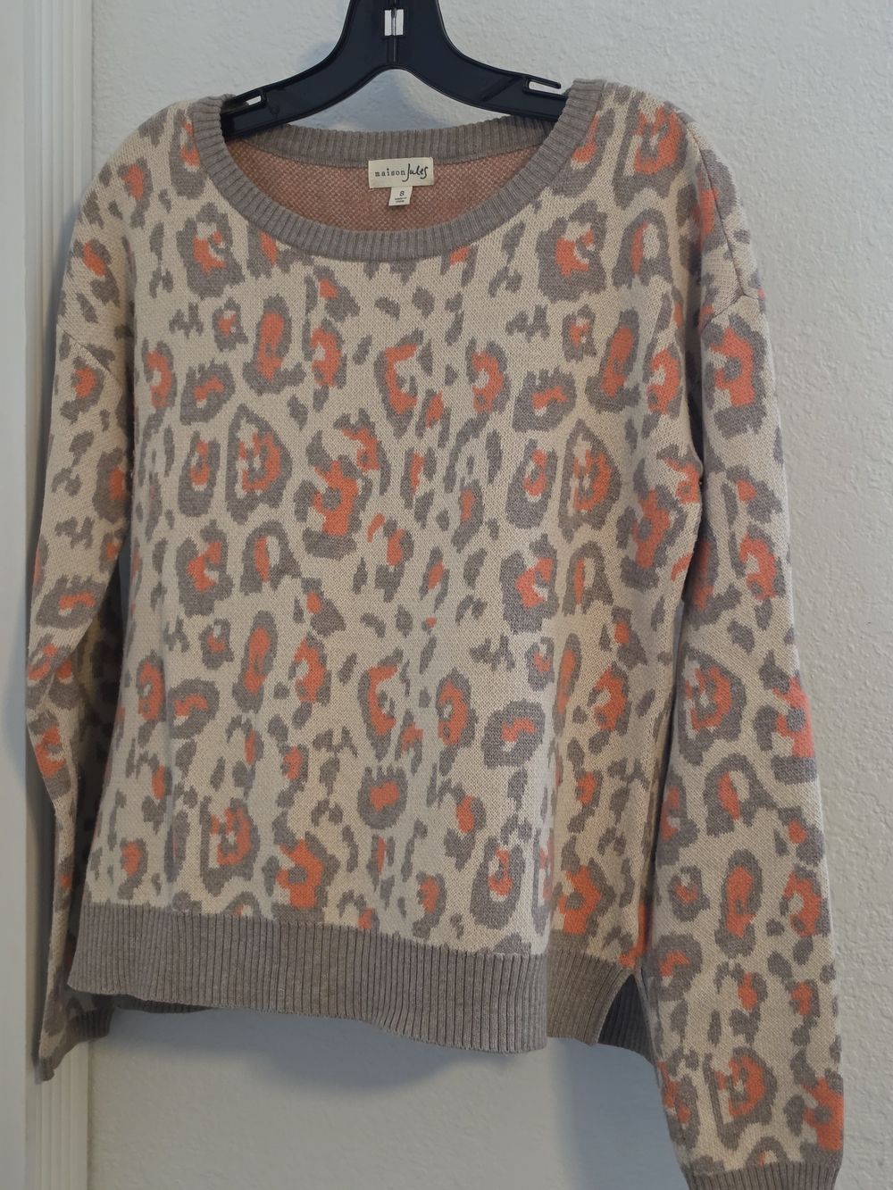 Maison Jules Leopard Print Crewneck Sweater in Beige, Gray & Coral